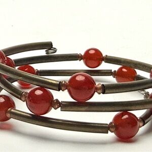 VTG Red Beaded Brass Tone Coil Bracelet Boho Wrap Style Statement
